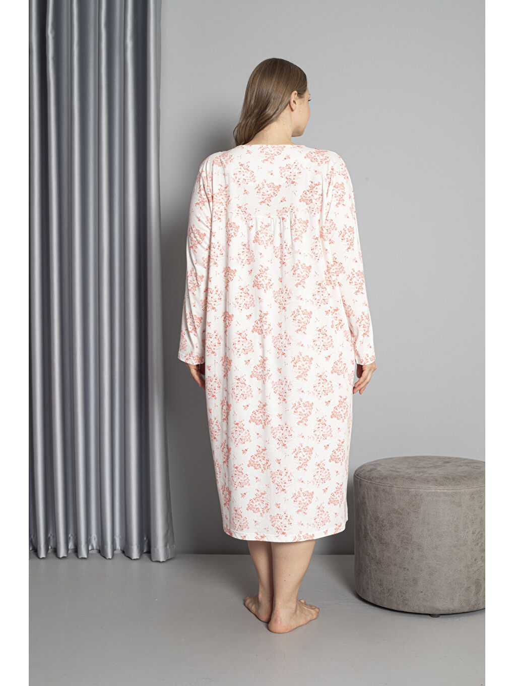 Kırmızı %100 Pamuklu Mevsimlik Uzun Kol Penye Büyük Beden Anne Gecelik 1503-5