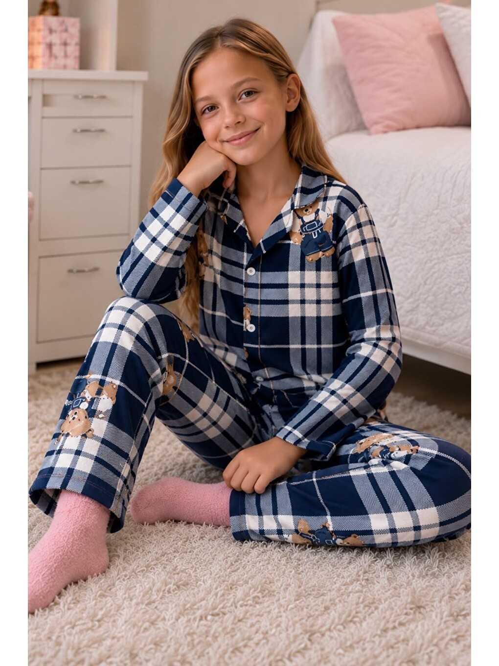 Lacivert Kız Çocuk Aile Boyu Pamuklu Desenli Pijama Takım Tkm1023-4
