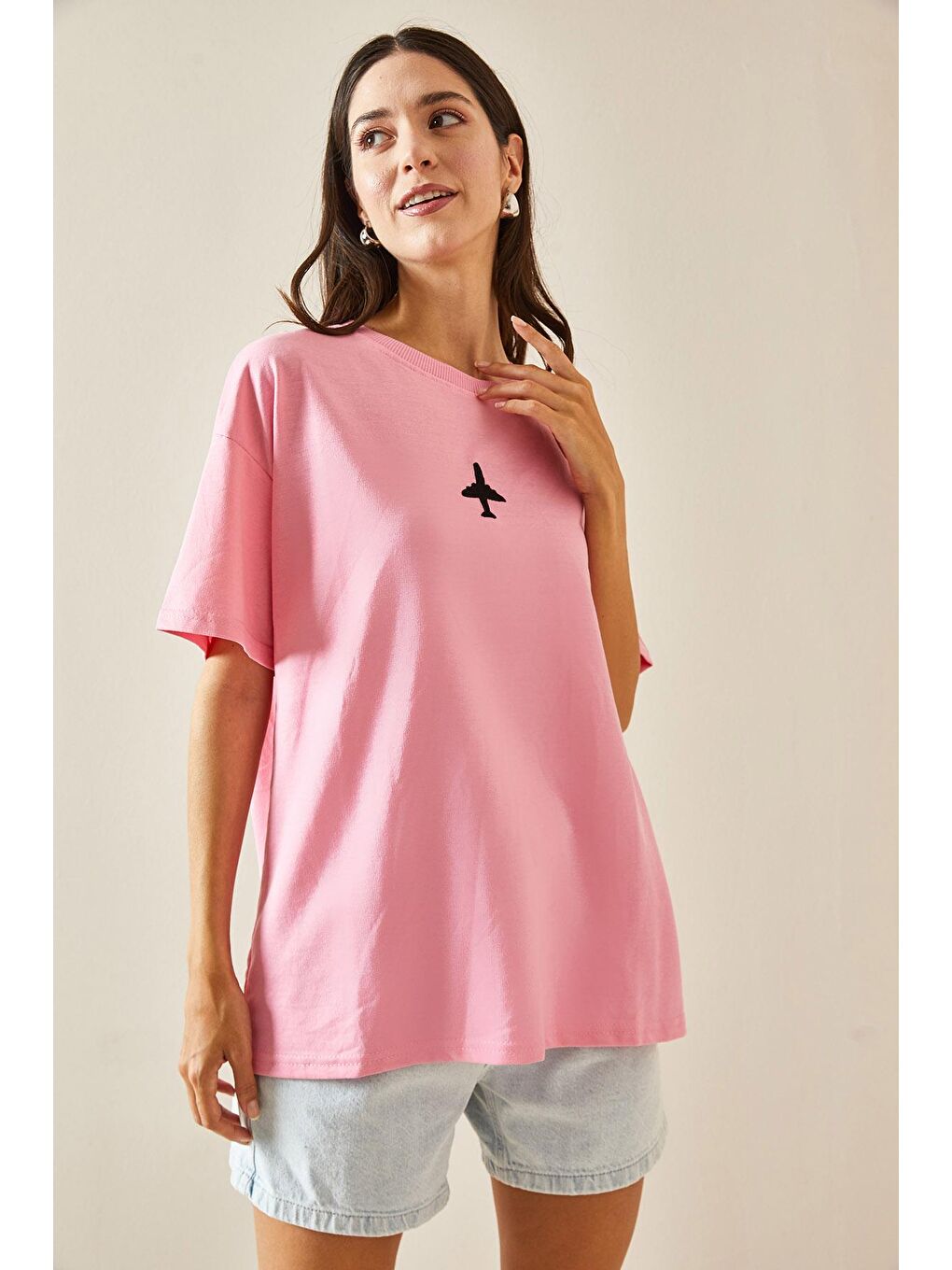 XHAN Pembe Bisiklet Yaka Yazılı Oversize Tshirt 5YXK1-48701-20 - 2