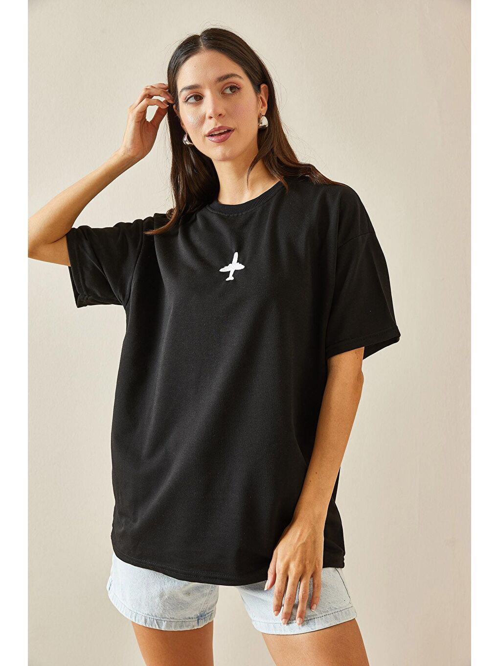 XHAN Siyah Bisiklet Yaka Yazılı Oversize Tshirt 5YXK1-48701-02 - 3