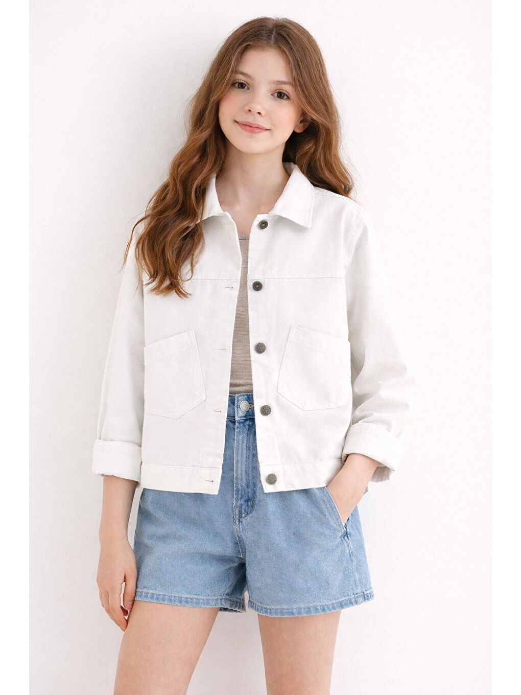 Ekru Sırtı Düğme Detaylı Kız Çocuk Gabardin Kumaş Ceket 23570-1