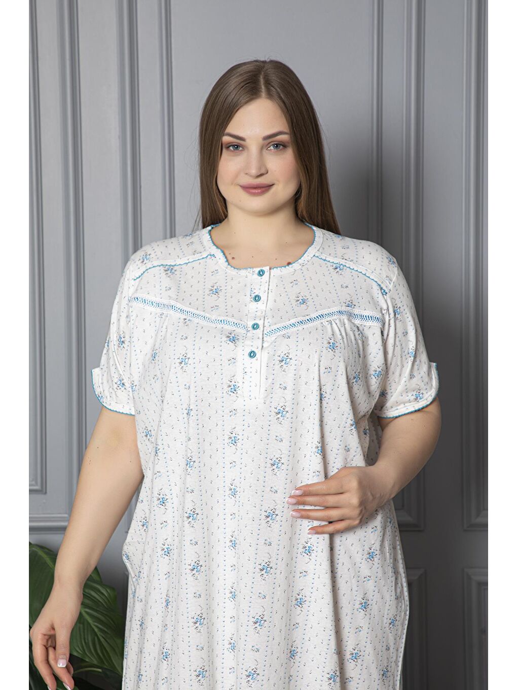 Mavi %100 Pamuklu Penye Kısa Kollu Büyük Beden Anne Geceliği 140-2
