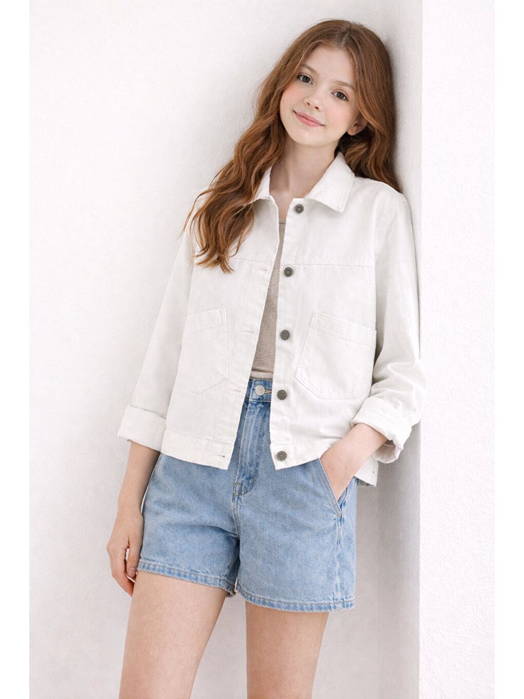 Ekru Sırtı Düğme Detaylı Kız Çocuk Gabardin Kumaş Ceket 23570-2