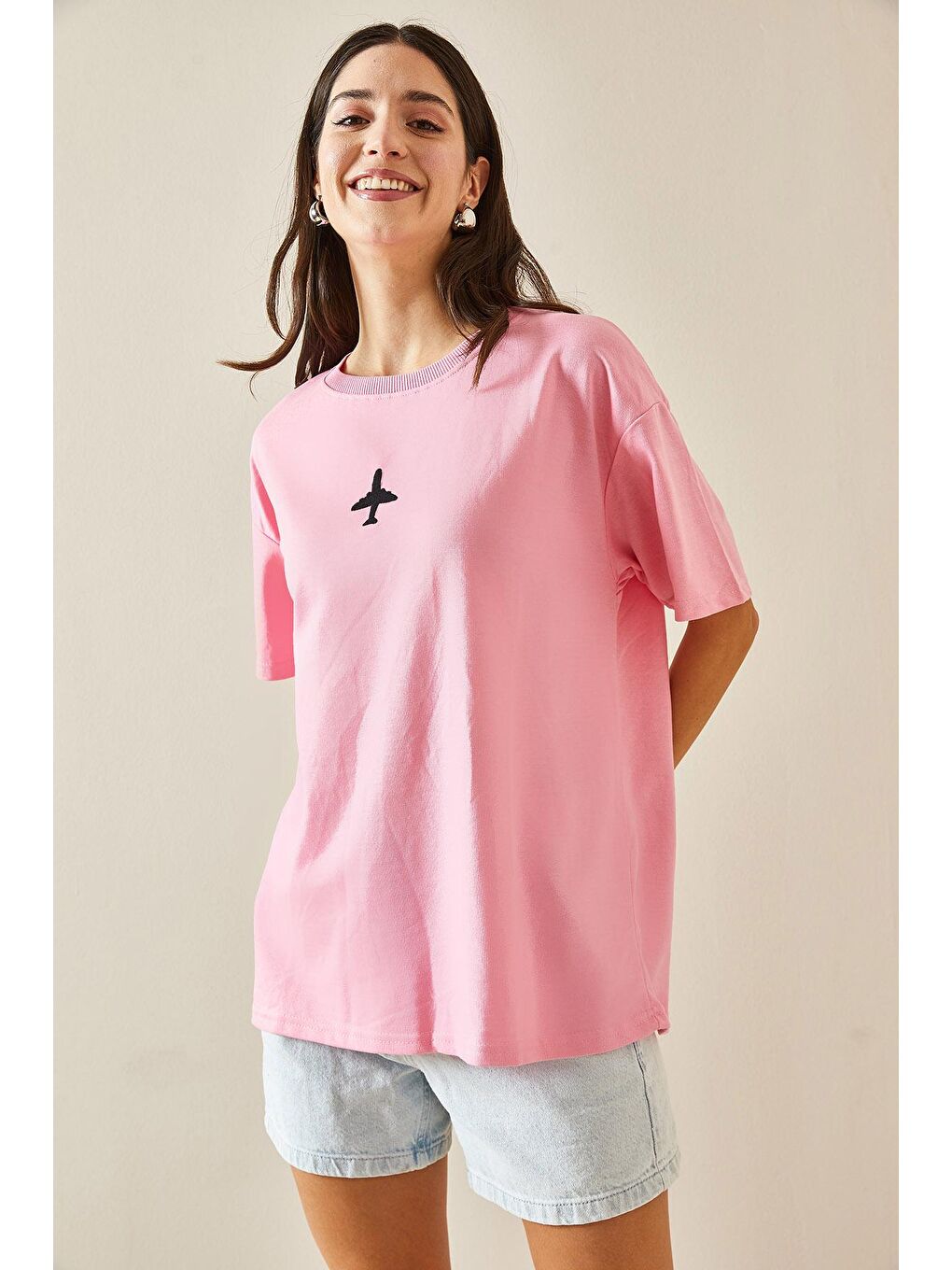 XHAN Pembe Bisiklet Yaka Yazılı Oversize Tshirt 5YXK1-48701-20 - 3