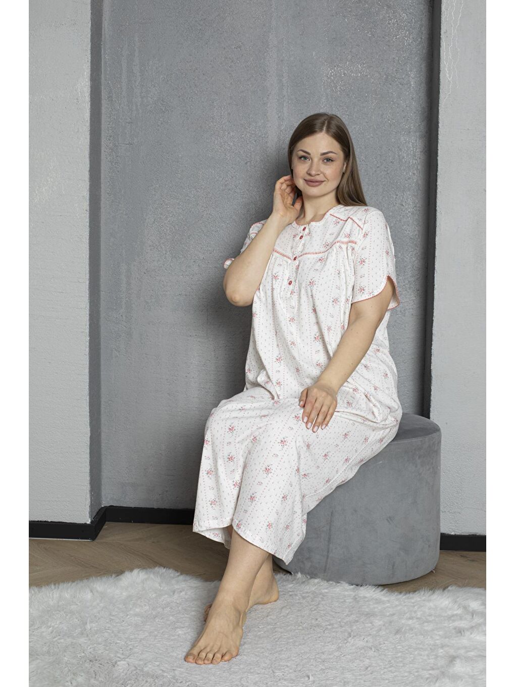 Kırmızı %100 Pamuklu Penye Kısa Kollu Büyük Beden Anne Geceliği 140-5