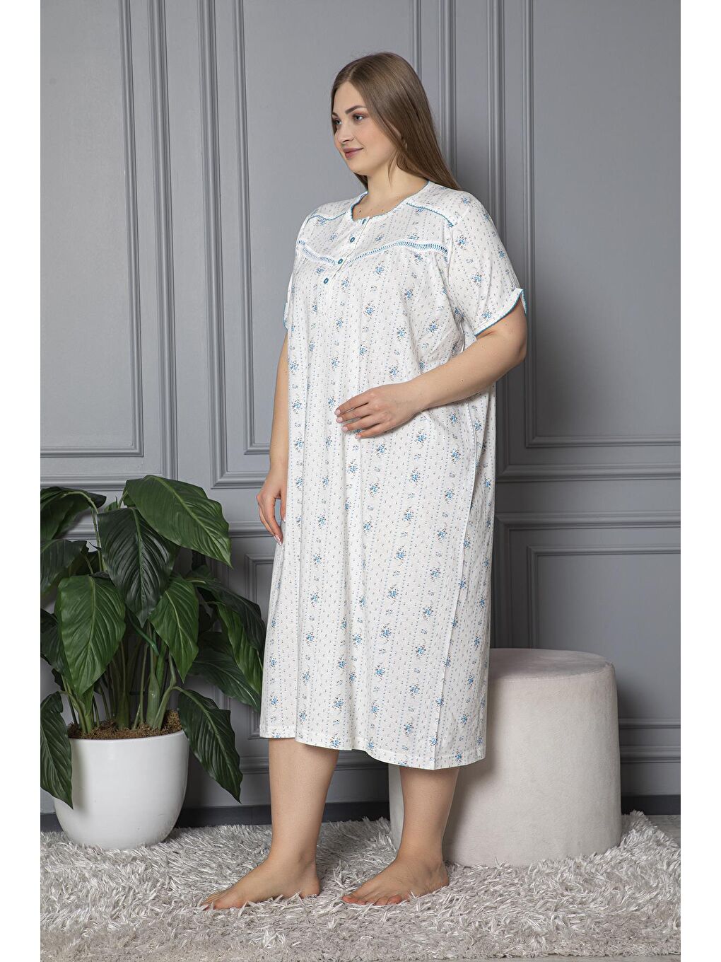 Mavi %100 Pamuklu Penye Kısa Kollu Büyük Beden Anne Geceliği 140-3