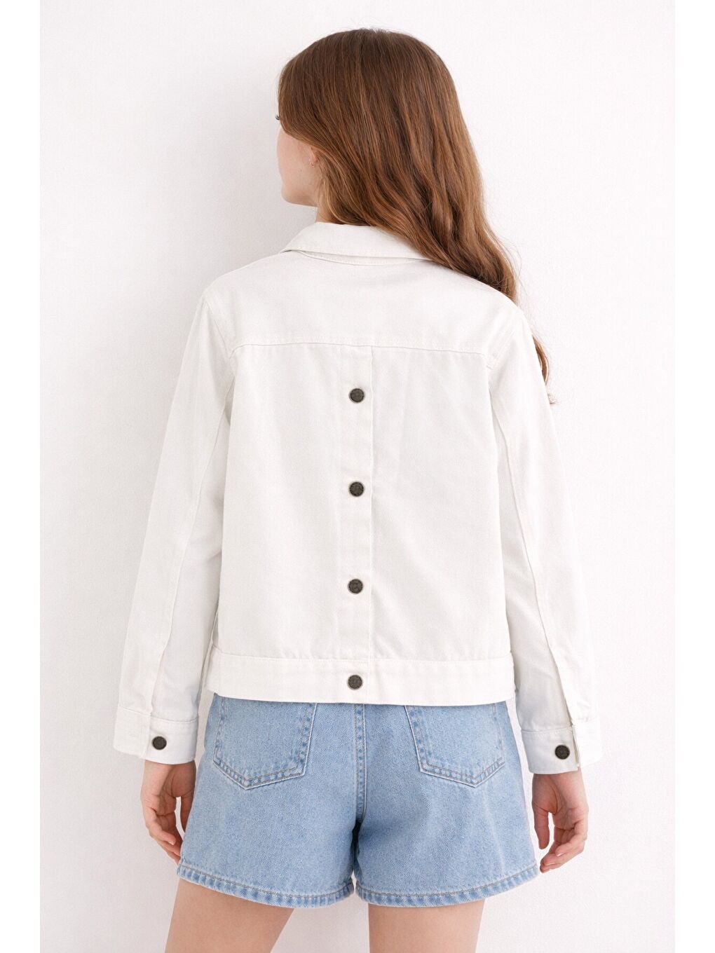 Ekru Sırtı Düğme Detaylı Kız Çocuk Gabardin Kumaş Ceket 23570-3