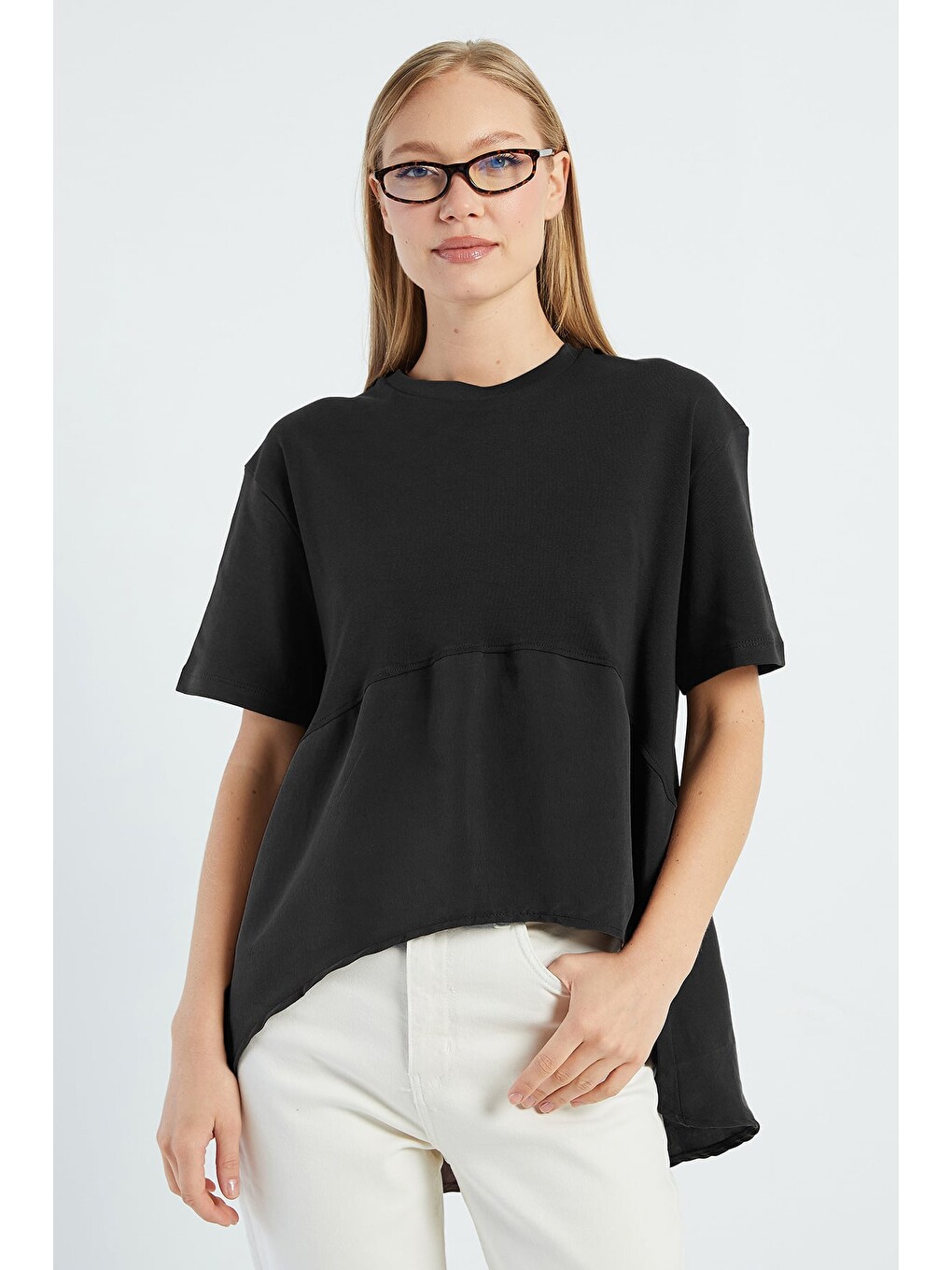 Siyah Basic Arkası Uzun Oversize Tişört-1