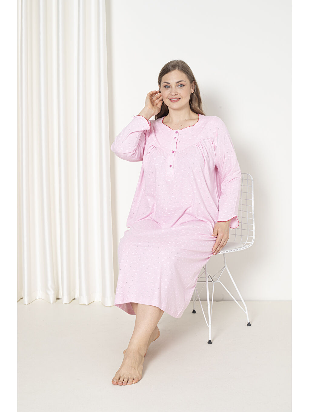 Pembe %100 Pamuklu Mevsimlik Uzun Kollu Penye Büyük Beden Anne Geceliği 833-3