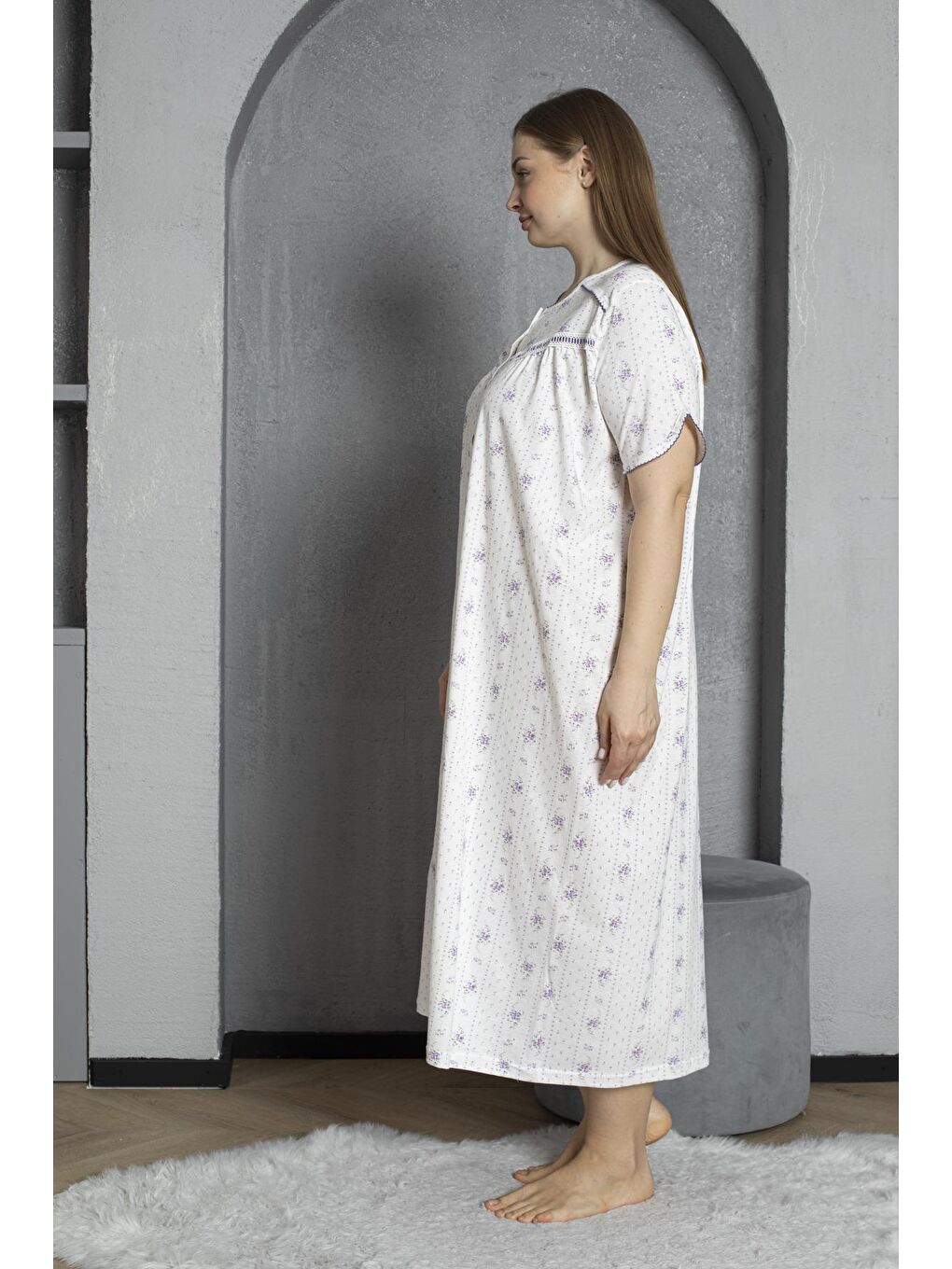 Lila %100 Pamuklu Penye Kısa Kollu Büyük Beden Anne Geceliği 140-3