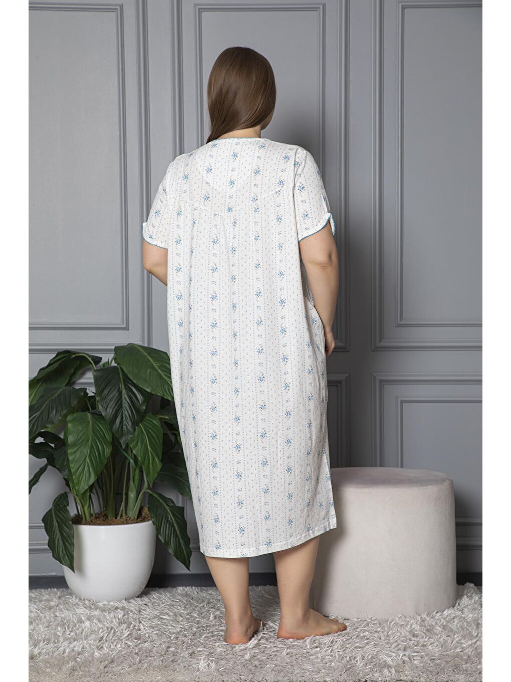 Mavi %100 Pamuklu Penye Kısa Kollu Büyük Beden Anne Geceliği 140-4