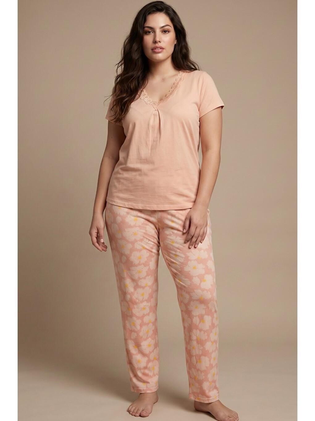 Pembe Dantelli Büyük Beden Battal Viskon Örme Pijama Takım 8066-1