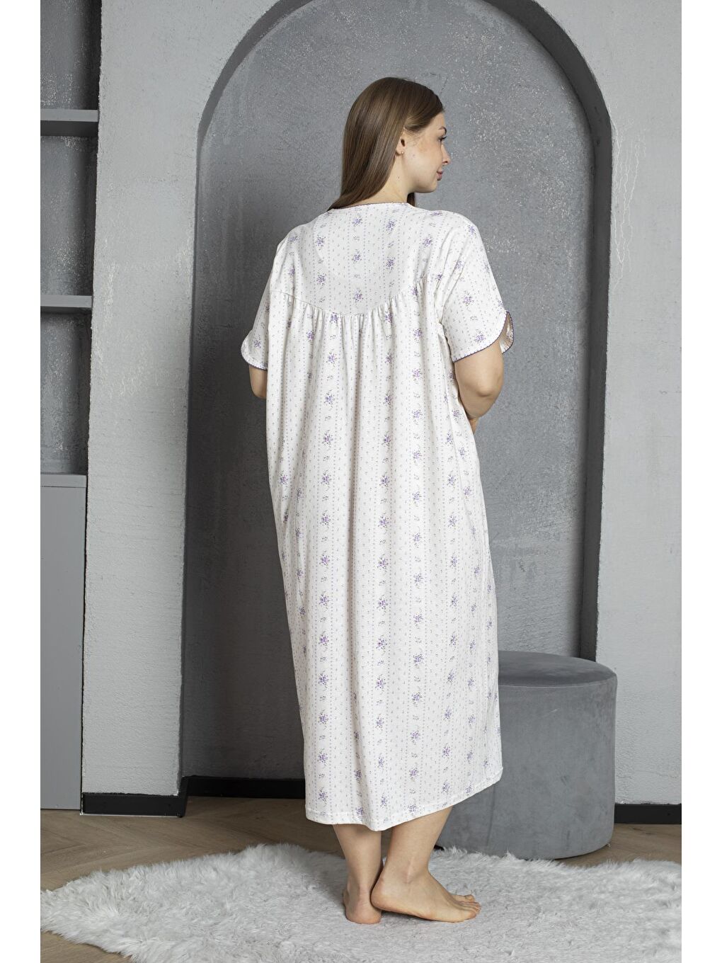 Lila %100 Pamuklu Penye Kısa Kollu Büyük Beden Anne Geceliği 140-4