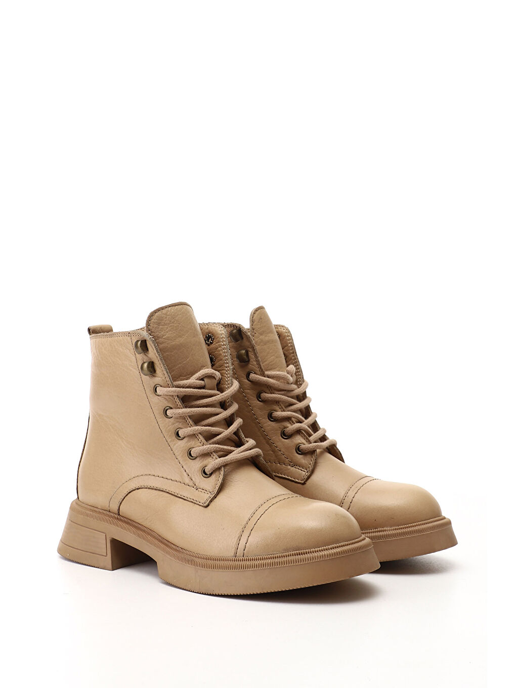 Bej Kadın AÇIK NUDE Fermuarlı Kalın Taban Hakiki Deri Postal Bot-1