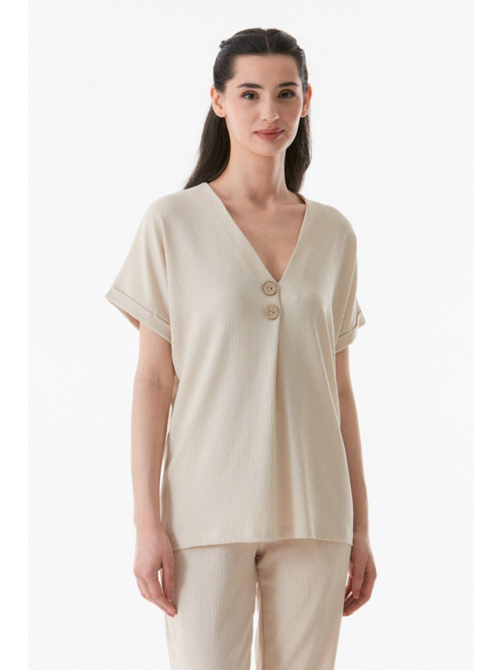 Bej Bürümcük Kumaş V Yaka Salaş Bluz