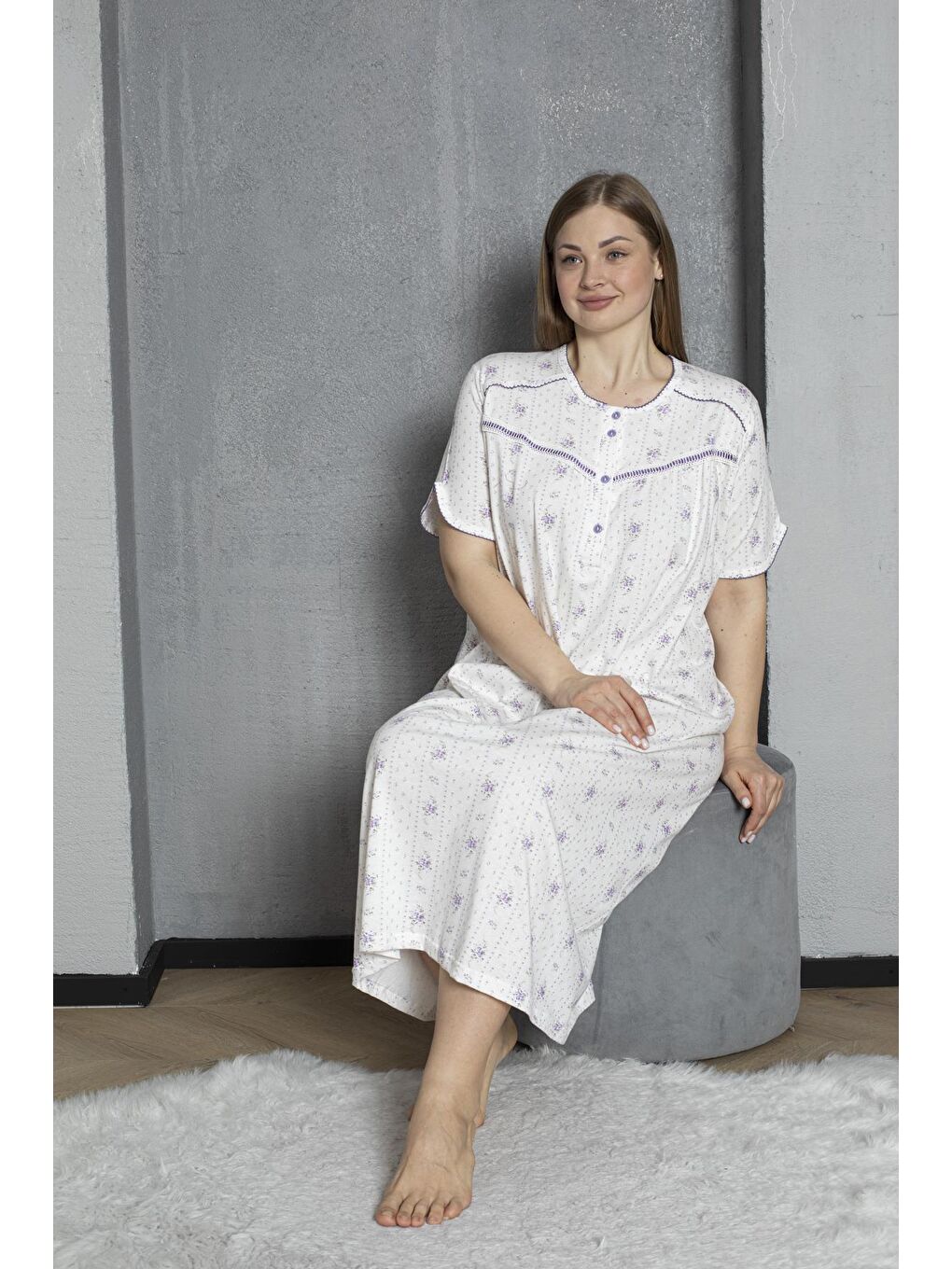 Lila %100 Pamuklu Penye Kısa Kollu Büyük Beden Anne Geceliği 140-5