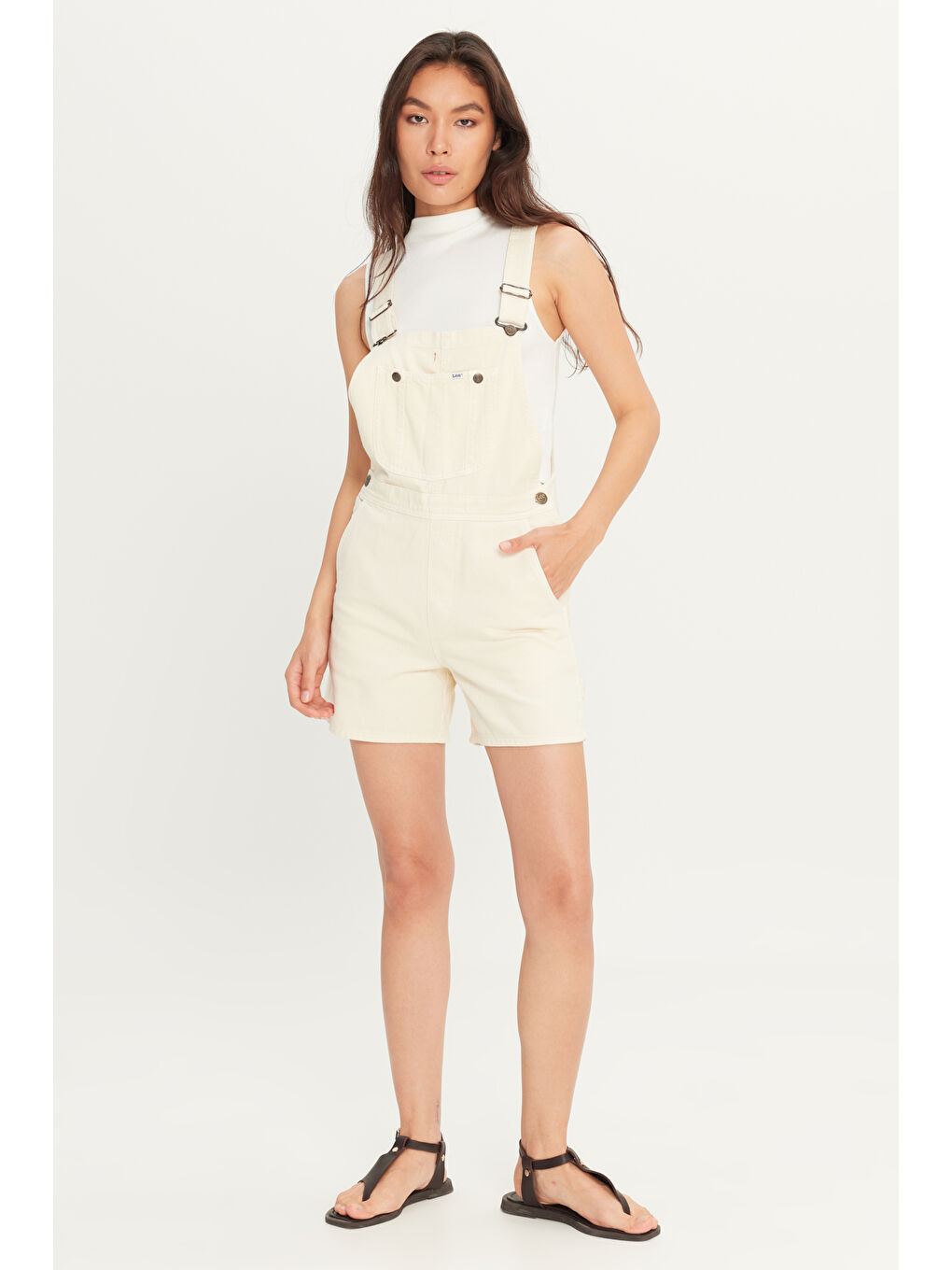 Regular Fit Normal Kesim %100 Pamuk Kare Yaka Ekru Jean Jean Şort Tulum-1