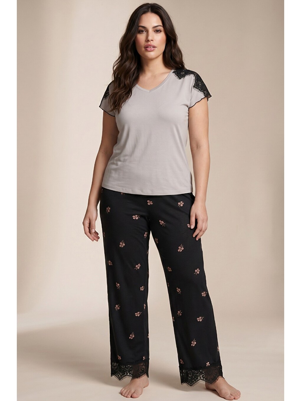 Gri Dantelli Büyük Beden Battal Viskon Örme Pijama Takım 8066-1