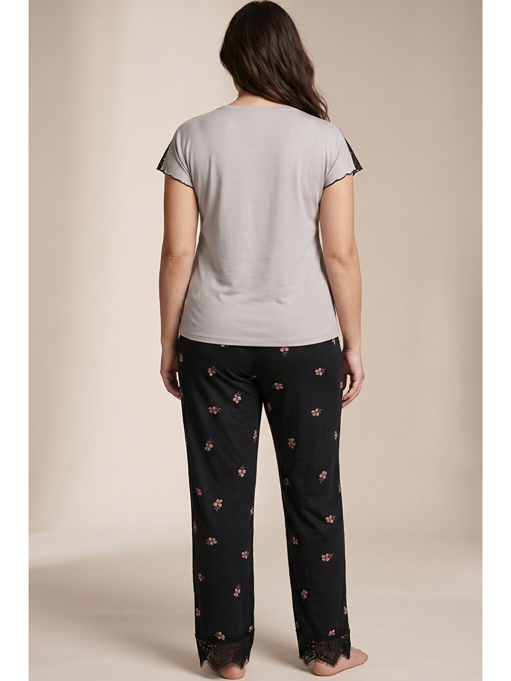 Gri Dantelli Büyük Beden Battal Viskon Örme Pijama Takım 8066-2
