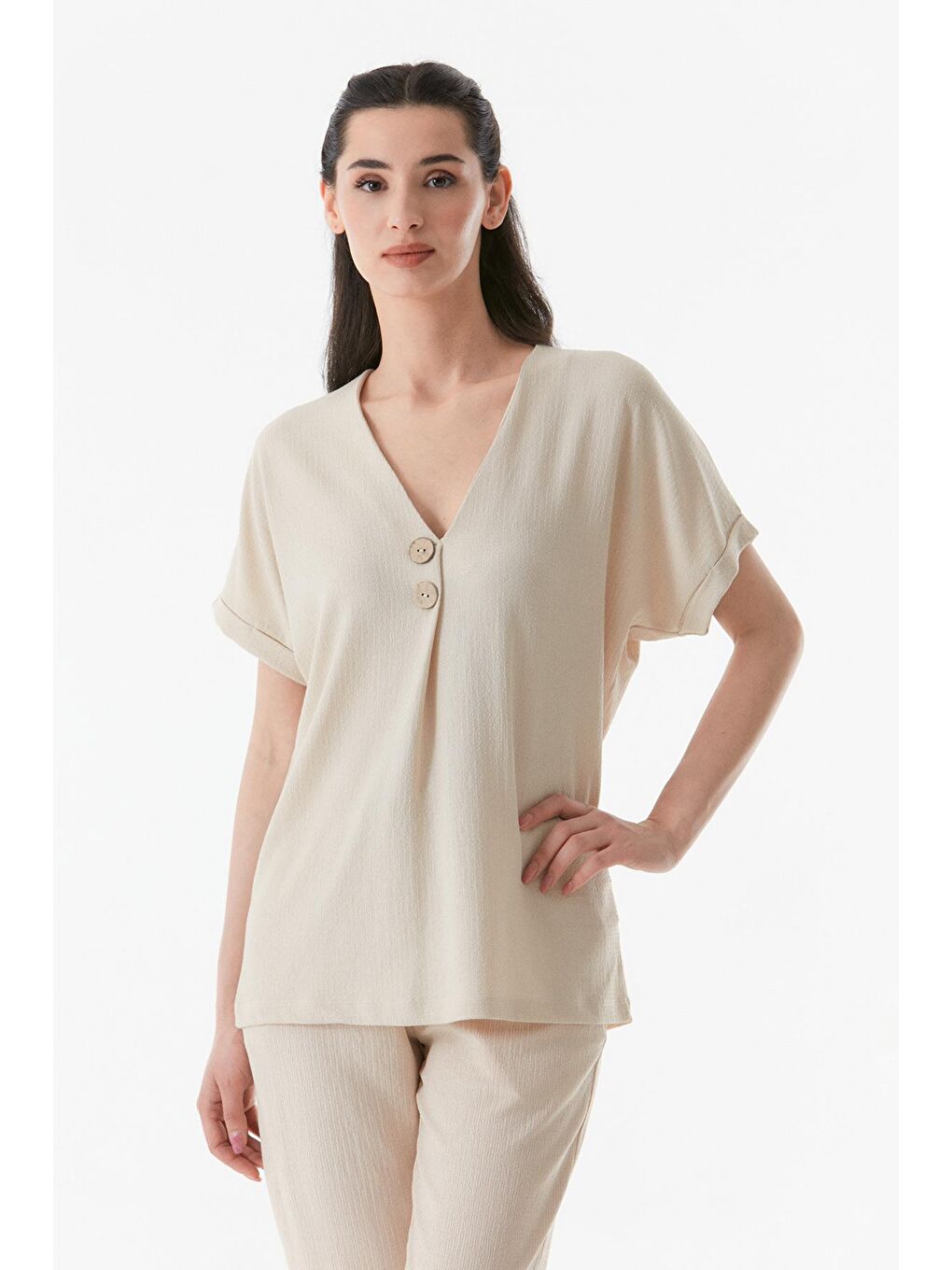 Bej Bürümcük Kumaş V Yaka Salaş Bluz-1