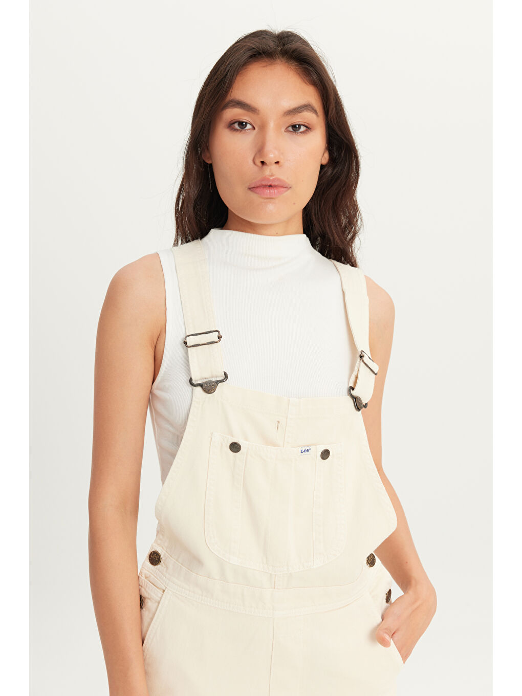 Regular Fit Normal Kesim %100 Pamuk Kare Yaka Ekru Jean Jean Şort Tulum-3