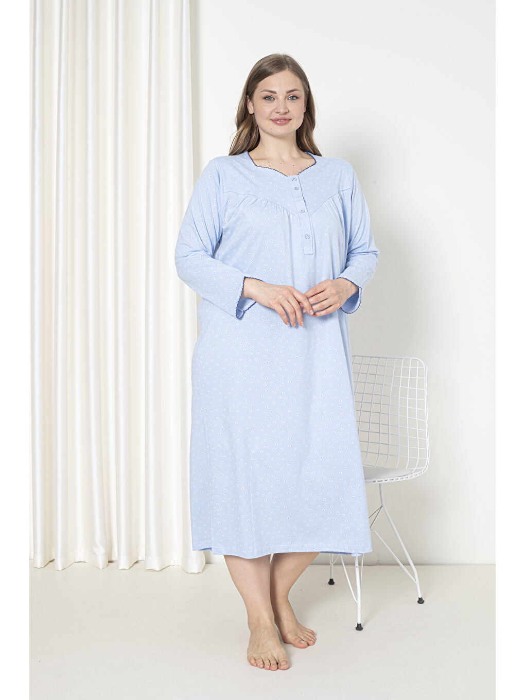 Mavi %100 Pamuklu Mevsimlik Uzun Kollu Penye Büyük Beden Anne Geceliği 833-1