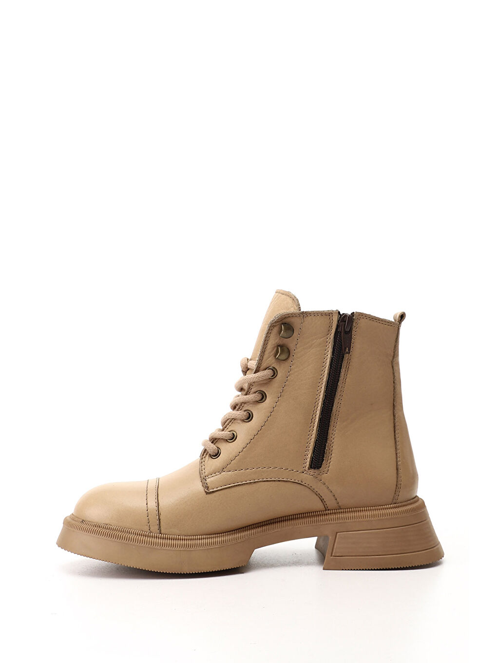 Bej Kadın AÇIK NUDE Fermuarlı Kalın Taban Hakiki Deri Postal Bot-2