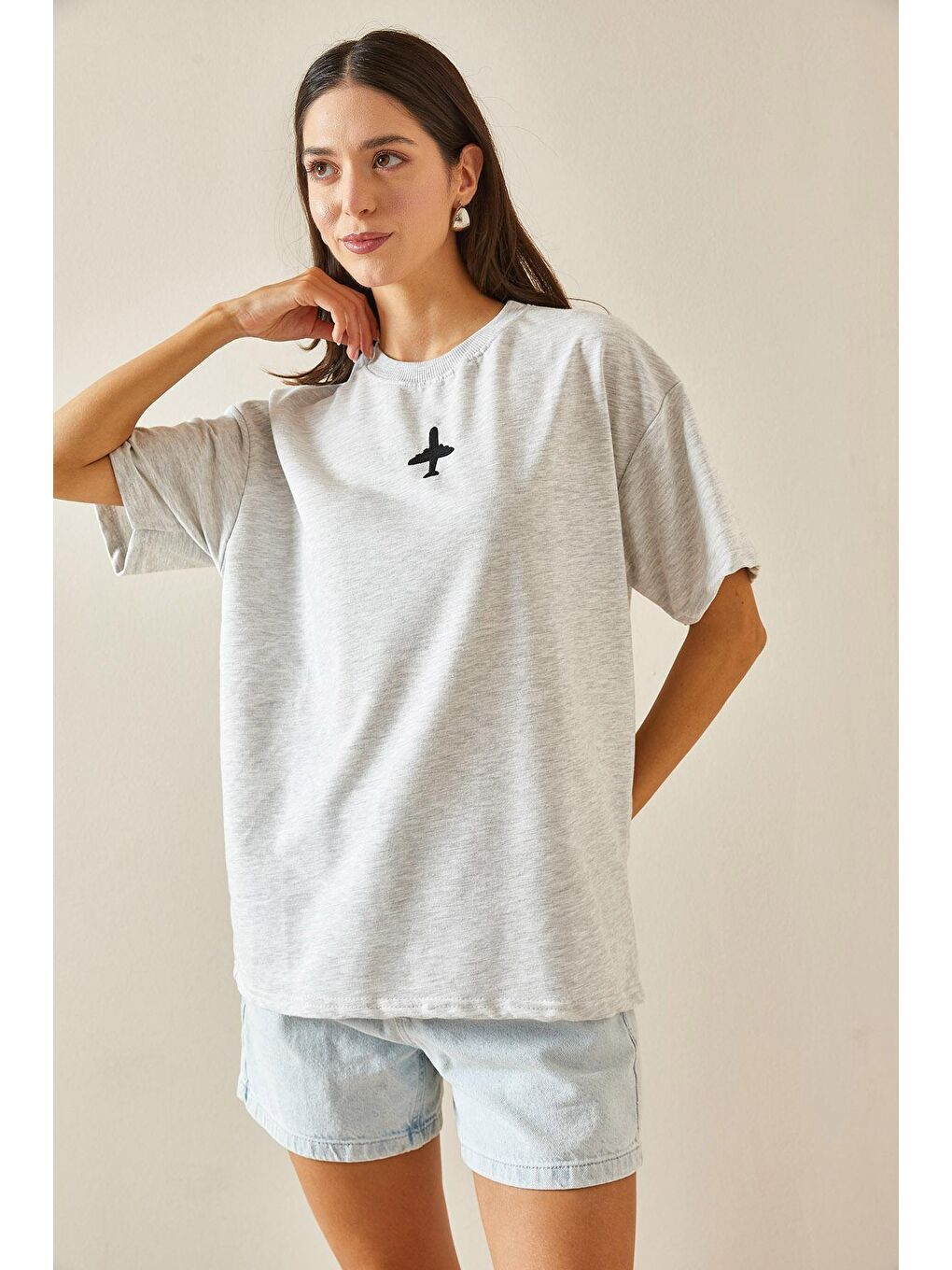 XHAN Gri Bisiklet Yaka Yazılı Oversize Tshirt 5YXK1-48701-03 - 3