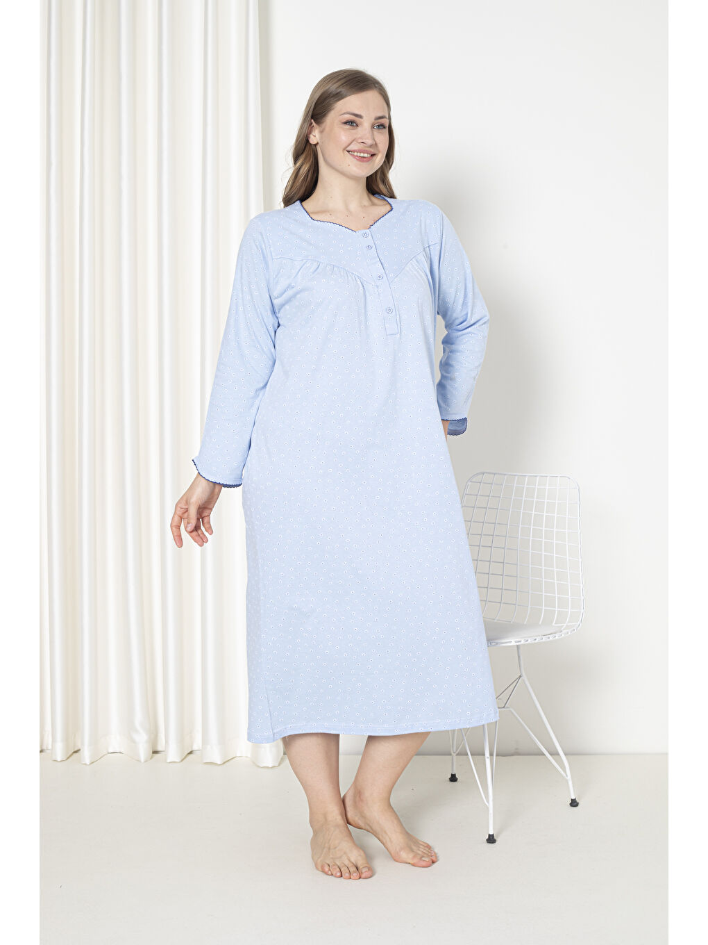 Mavi %100 Pamuklu Mevsimlik Uzun Kollu Penye Büyük Beden Anne Geceliği 833-2