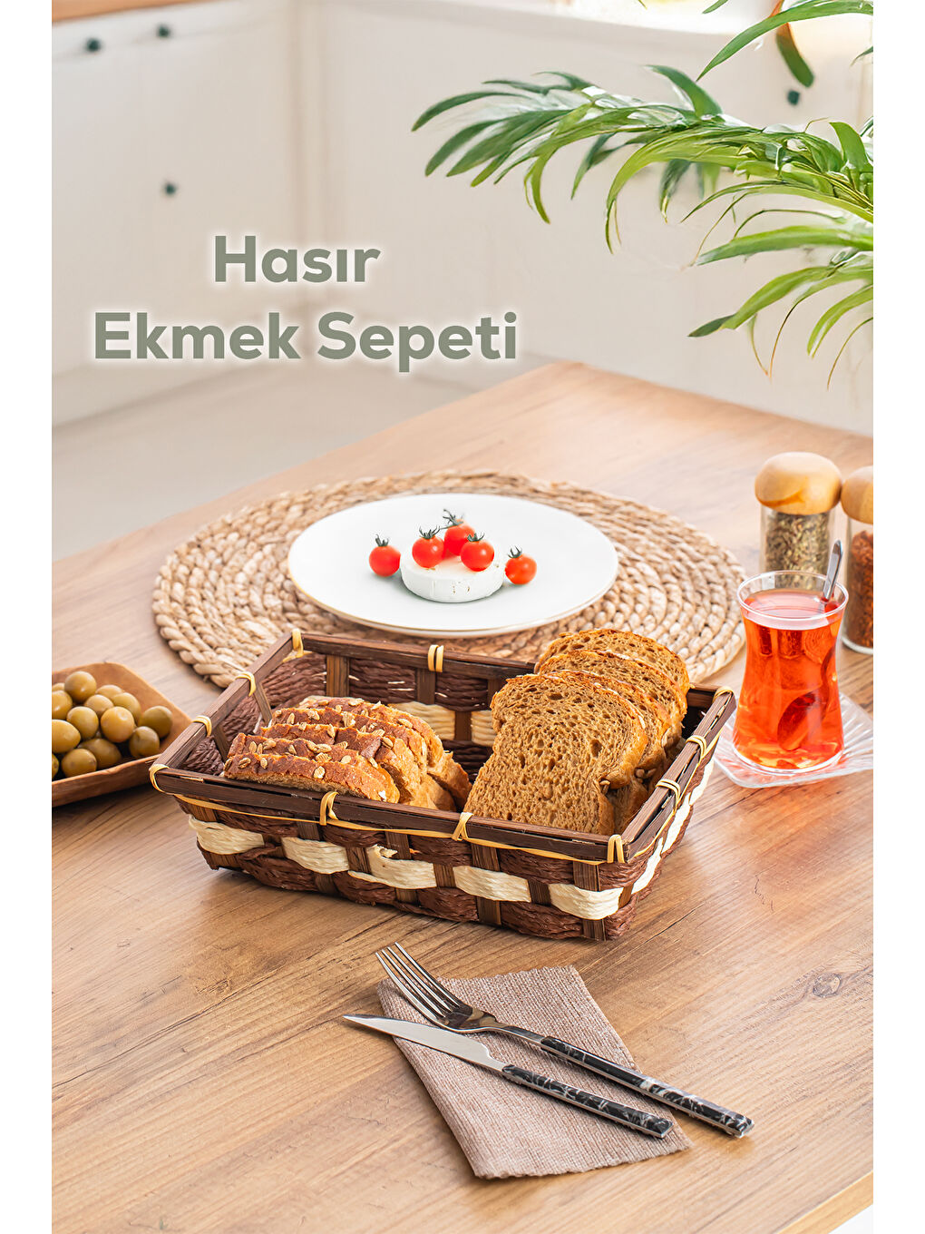 Kahverengi B5369-2 Hasır  Kahvaltılık Ekmek Meyve Sepeti Çok Amaçlı Banyo, Mutfak, Oda Organizeri