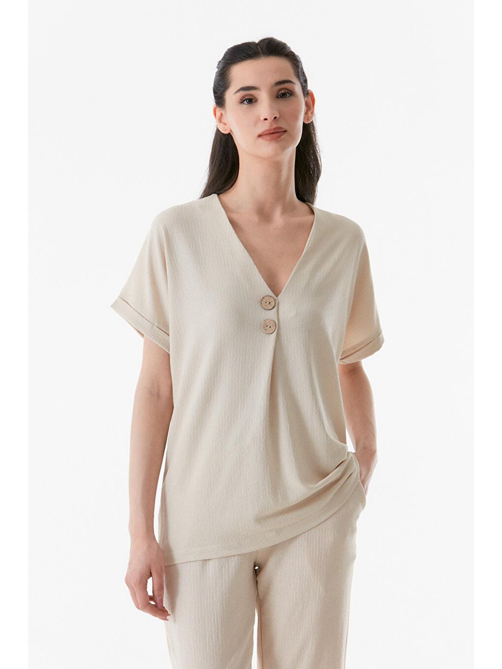 Bej Bürümcük Kumaş V Yaka Salaş Bluz-2
