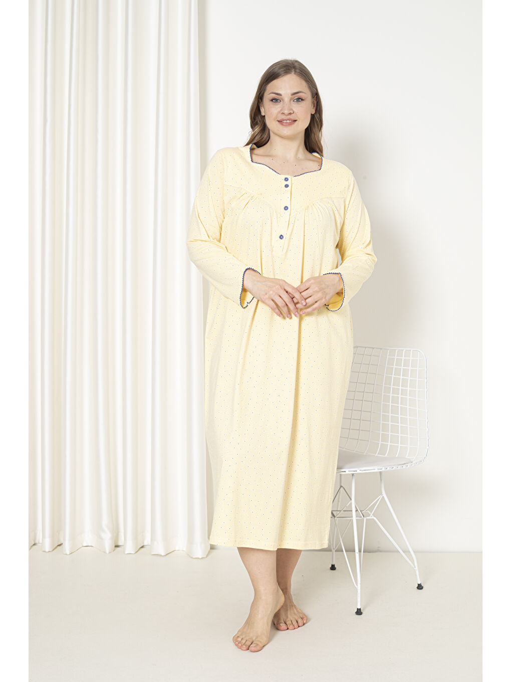 Sarı %100 Pamuklu Mevsimlik Uzun Kollu Penye Büyük Beden Anne Geceliği 833-1