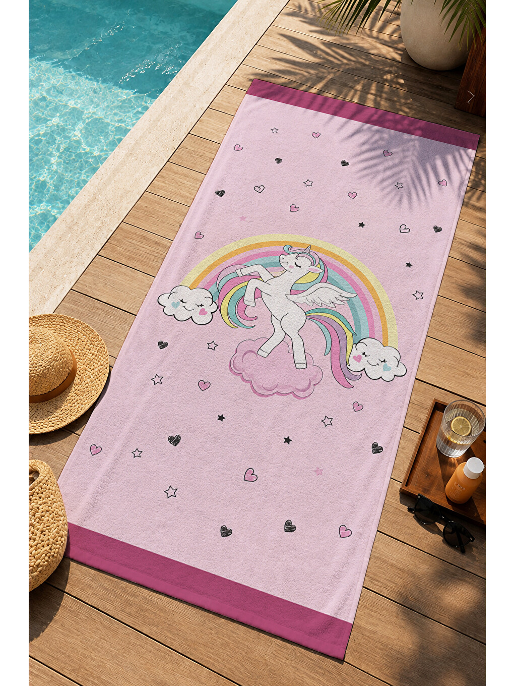 Masalsı Renk Kemeri Masalsı At Pembe Yıldızlı Desenli 70x150 Plaj Havlusu - Pamuklu Banyo Havlusu-1