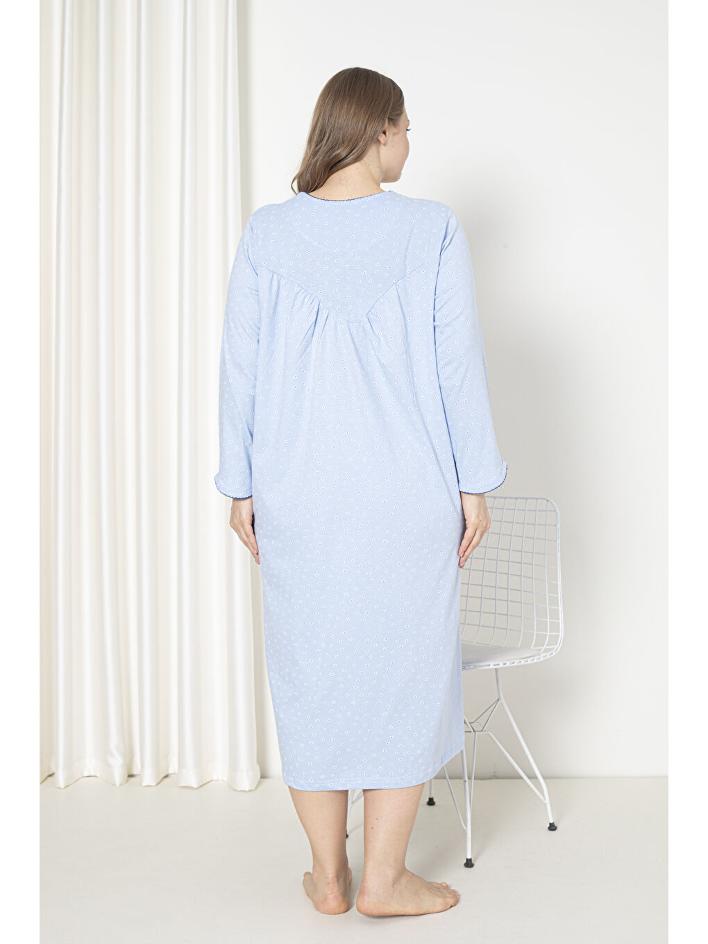 Mavi %100 Pamuklu Mevsimlik Uzun Kollu Penye Büyük Beden Anne Geceliği 833-4