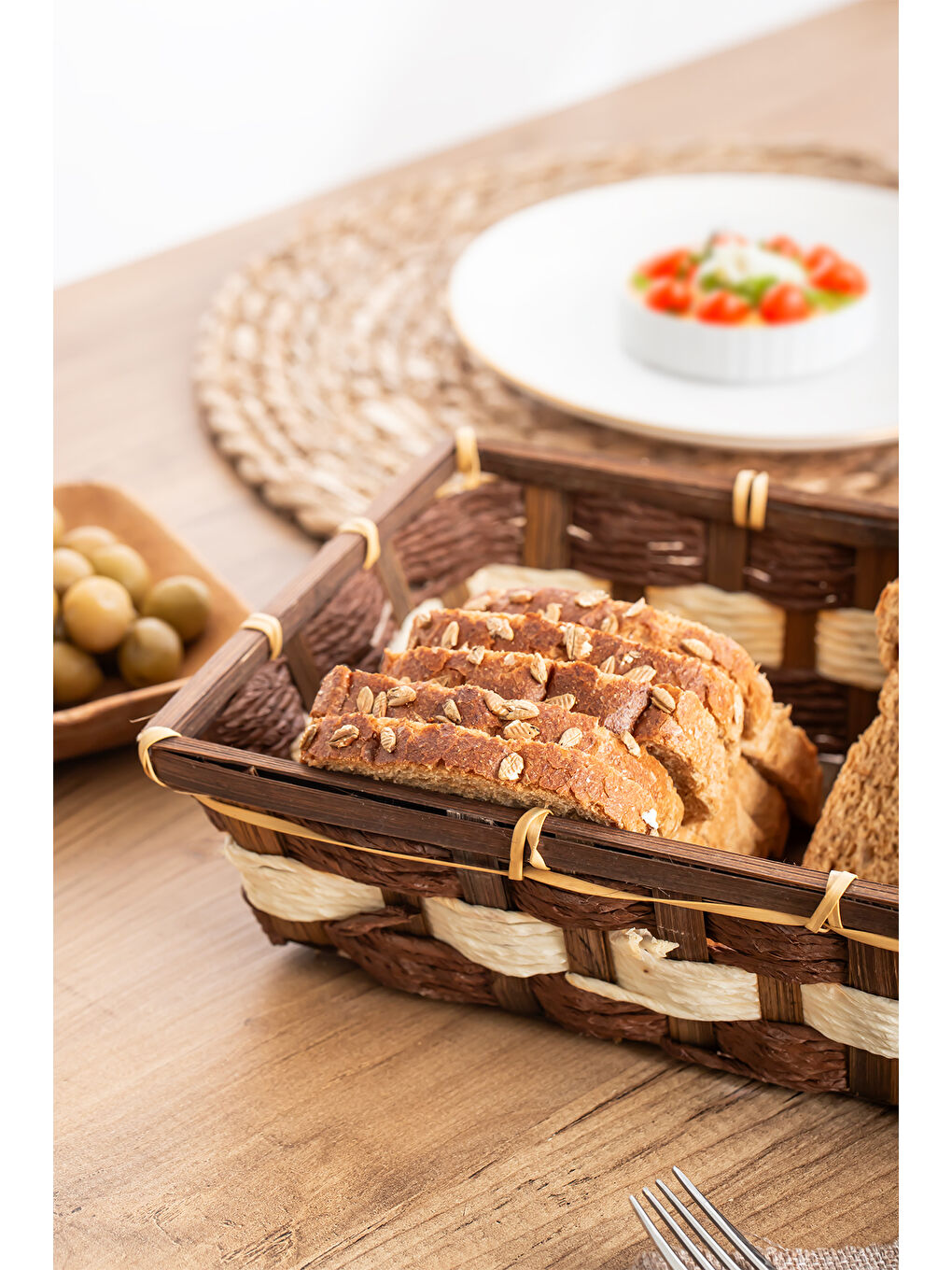 Kahverengi B5369-2 Hasır  Kahvaltılık Ekmek Meyve Sepeti Çok Amaçlı Banyo, Mutfak, Oda Organizeri-1