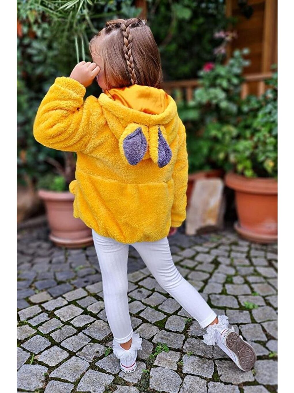 Kız Çocuk Kuzu Kulaklı Önden Çift Cep Detaylı Kapüşonlu Sarı Pelüş Ceket-1