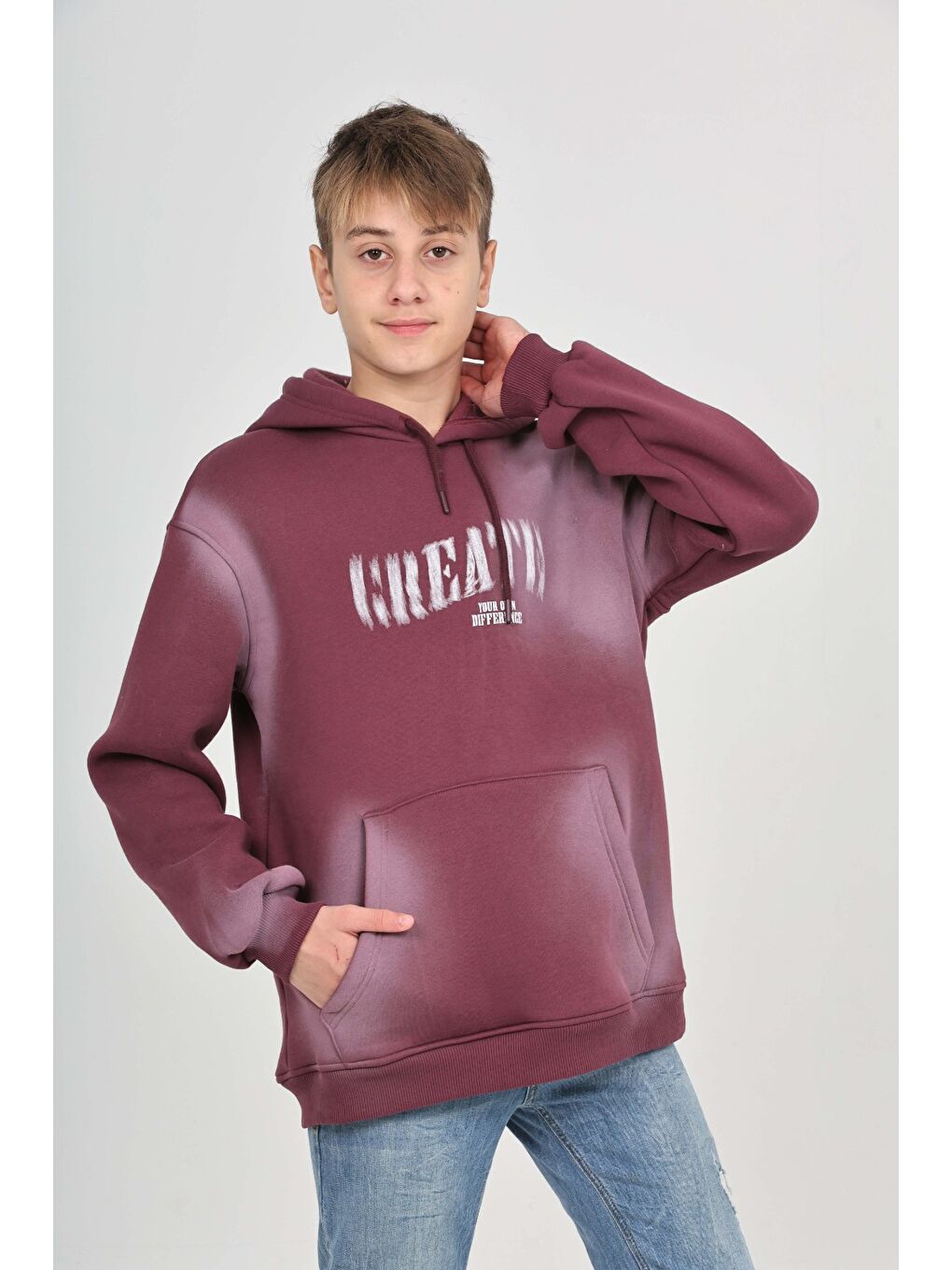 Mor Erkek Çocuk Relax Fit Kapüşonlu Cepli Baskılı Sweatshirt