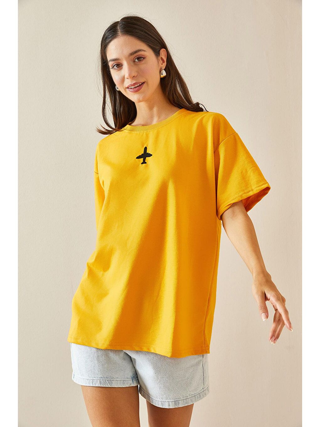 XHAN Sarı Bisiklet Yaka Yazılı Oversize Tshirt 5YXK1-48701-10 - 3