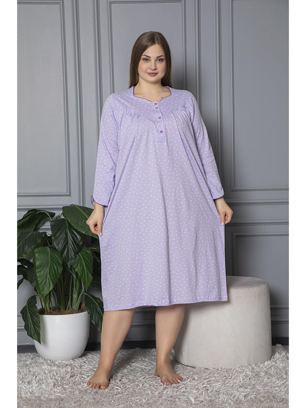 Lila %100 Pamuklu Mevsimlik Uzun Kollu Penye Büyük Beden Anne Geceliği 833