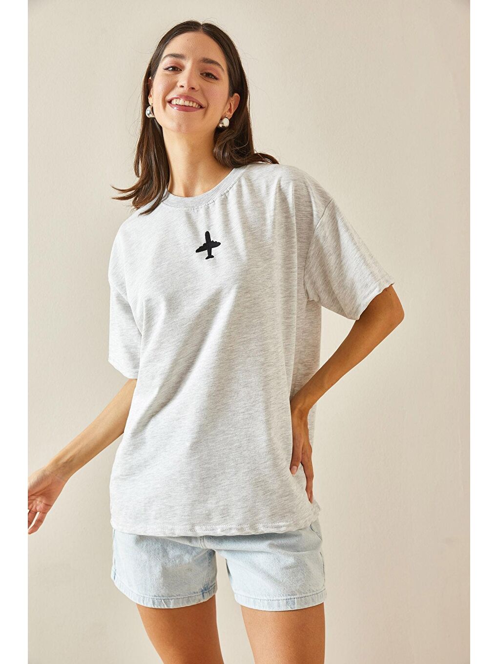 XHAN Gri Bisiklet Yaka Yazılı Oversize Tshirt 5YXK1-48701-03 - 4