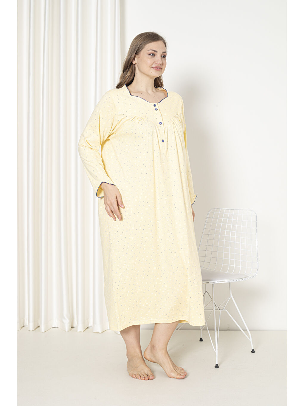 Sarı %100 Pamuklu Mevsimlik Uzun Kollu Penye Büyük Beden Anne Geceliği 833-2