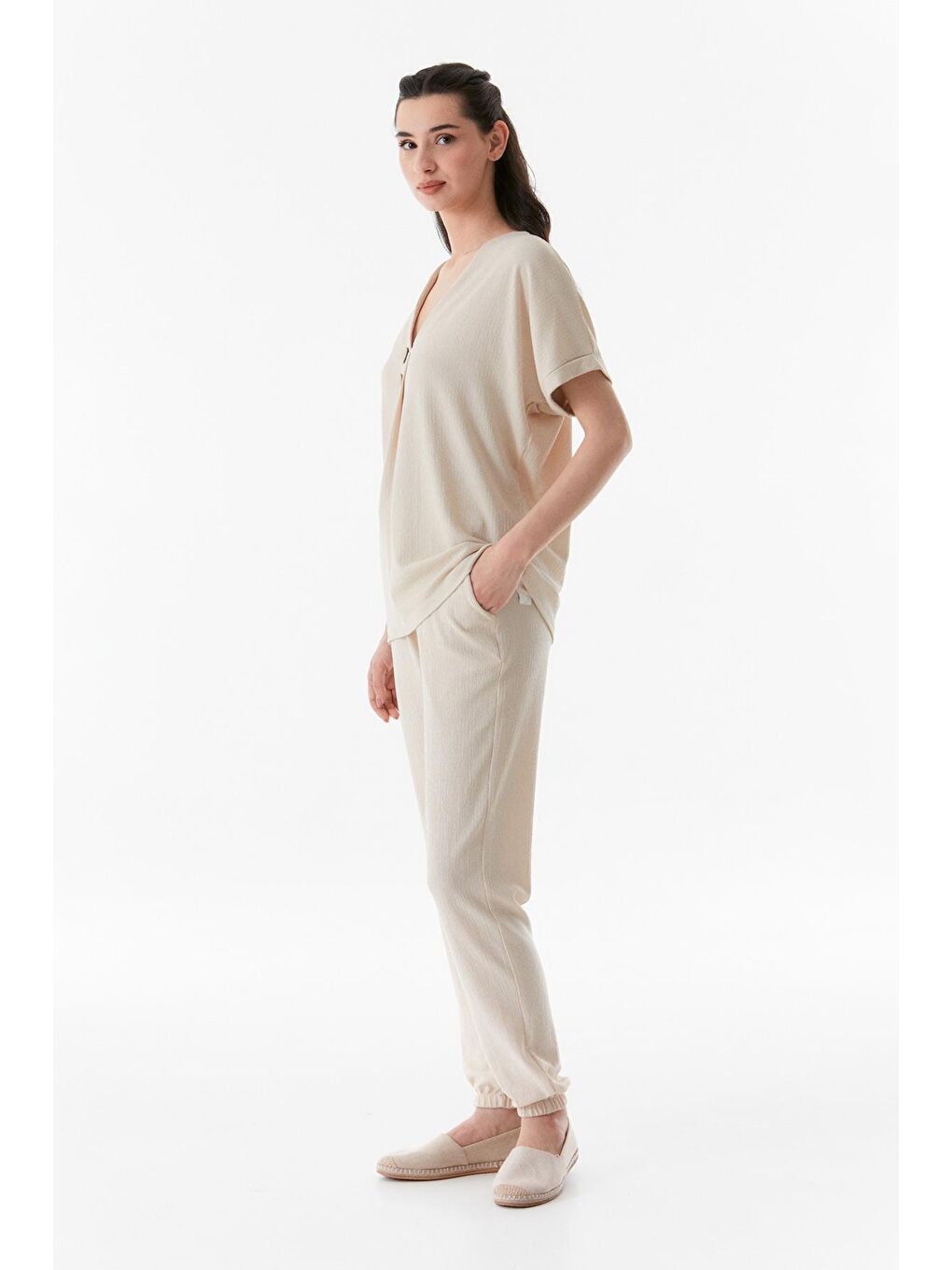 Bej Bürümcük Kumaş V Yaka Salaş Bluz-3