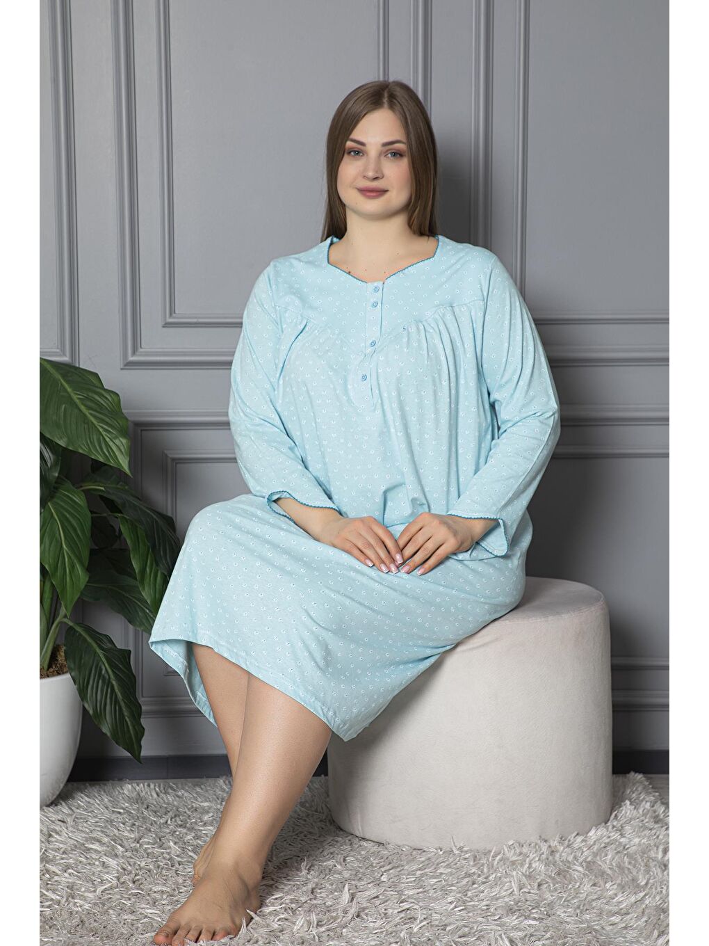 Turkuaz %100 Pamuklu Mevsimlik Uzun Kollu Penye Büyük Beden Anne Geceliği 833-1