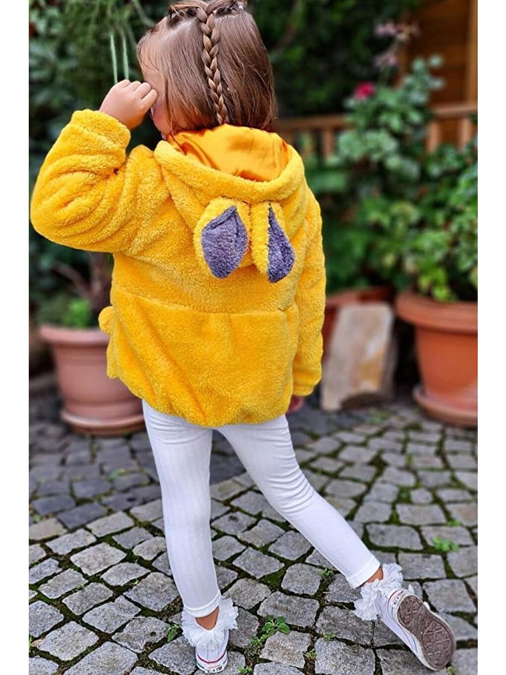 Kız Çocuk Kuzu Kulaklı Önden Çift Cep Detaylı Kapüşonlu Sarı Pelüş Ceket-2