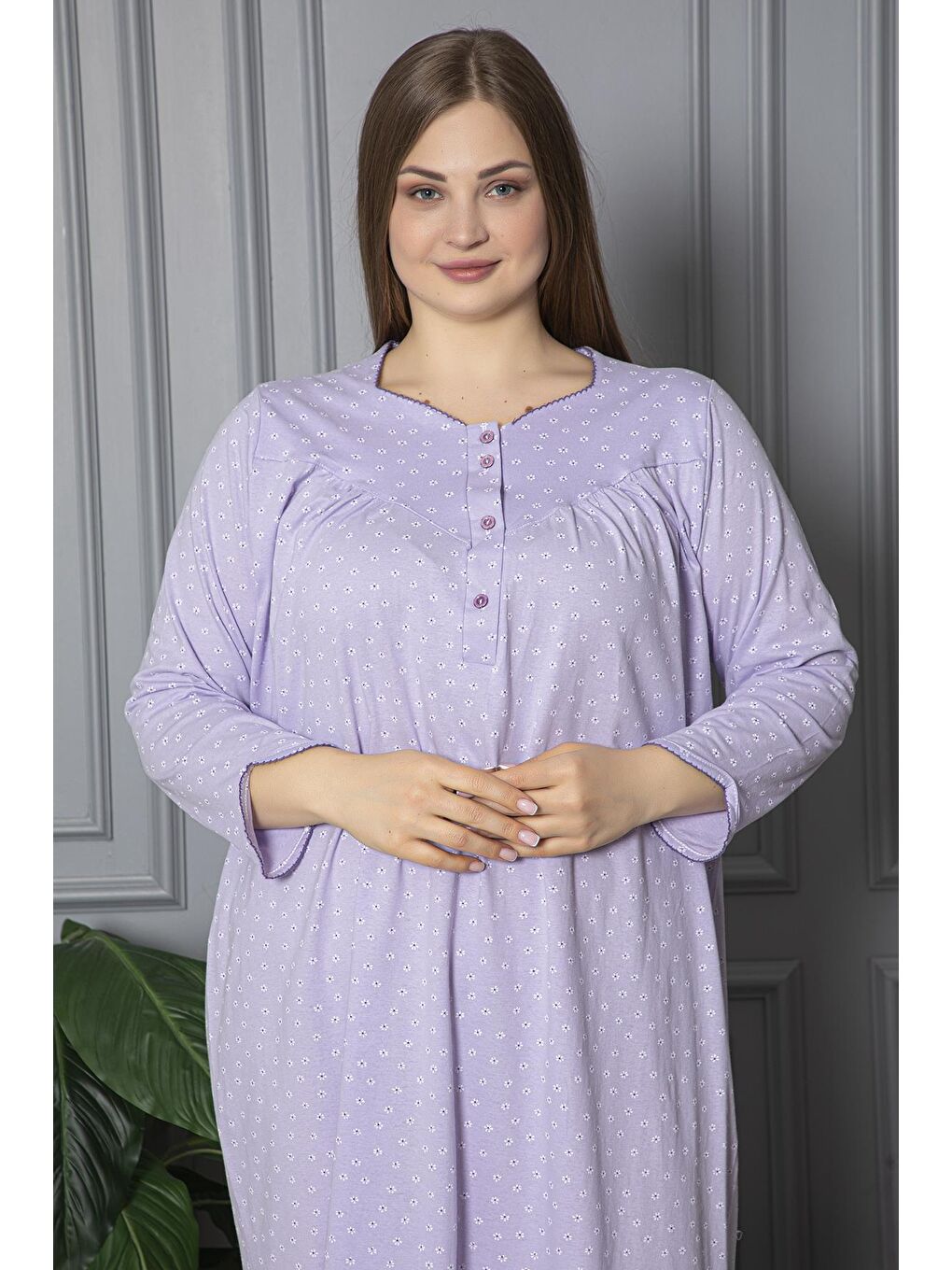 Lila %100 Pamuklu Mevsimlik Uzun Kollu Penye Büyük Beden Anne Geceliği 833-2