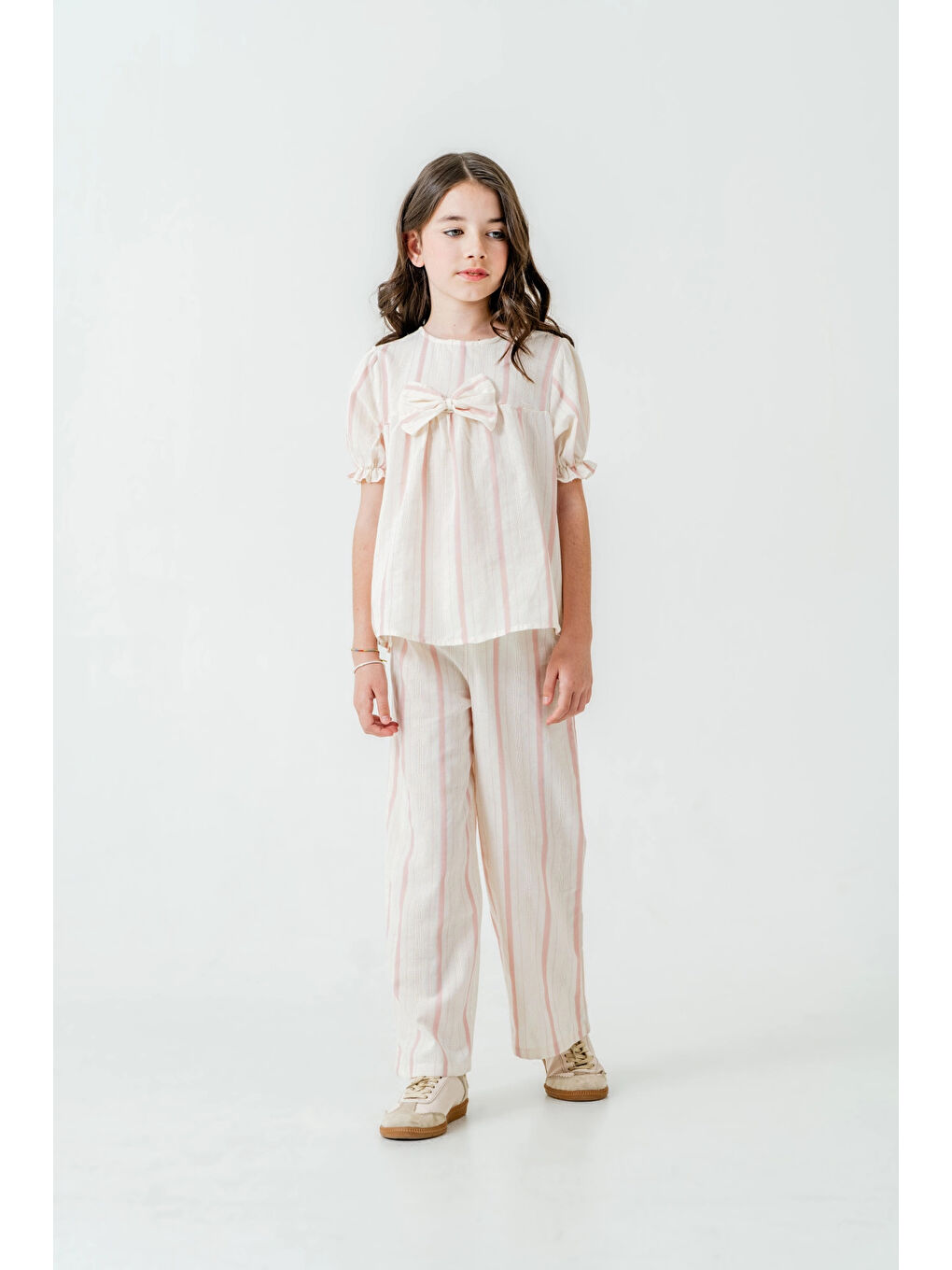 Pembe Kurdelalı Çizgili Kız Çocuk Takım 3837-1