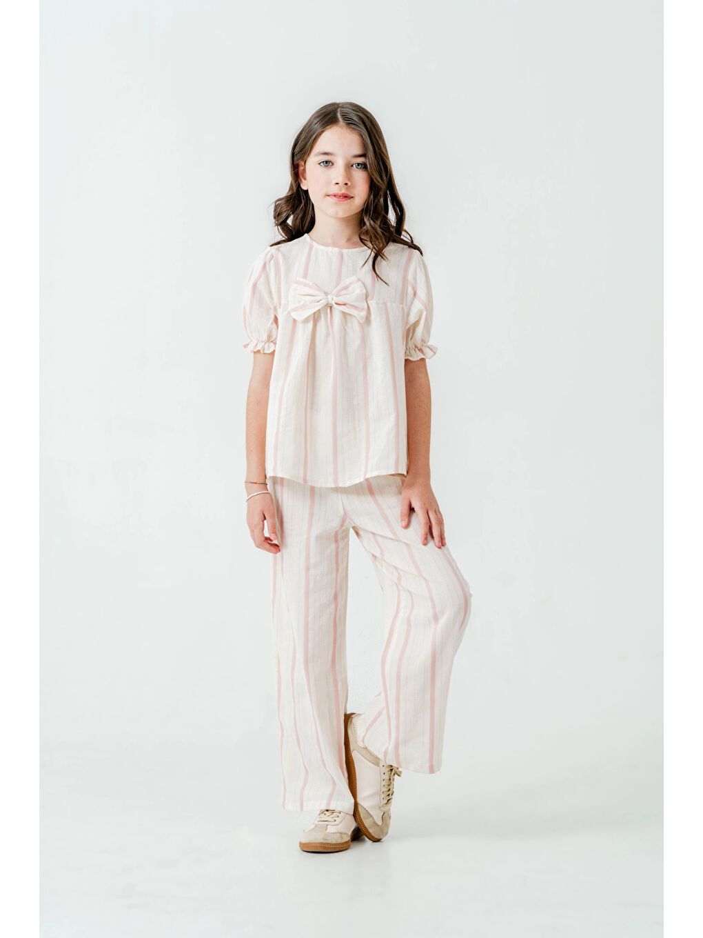 Pembe Kurdelalı Çizgili Kız Çocuk Takım 3837-2