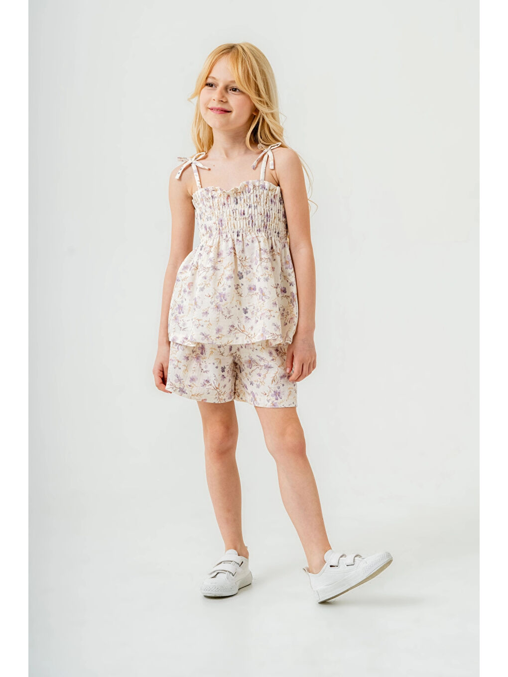 Lila Çiçek Desenli İnce Askılı Kız Çocuk Takım 3818-1