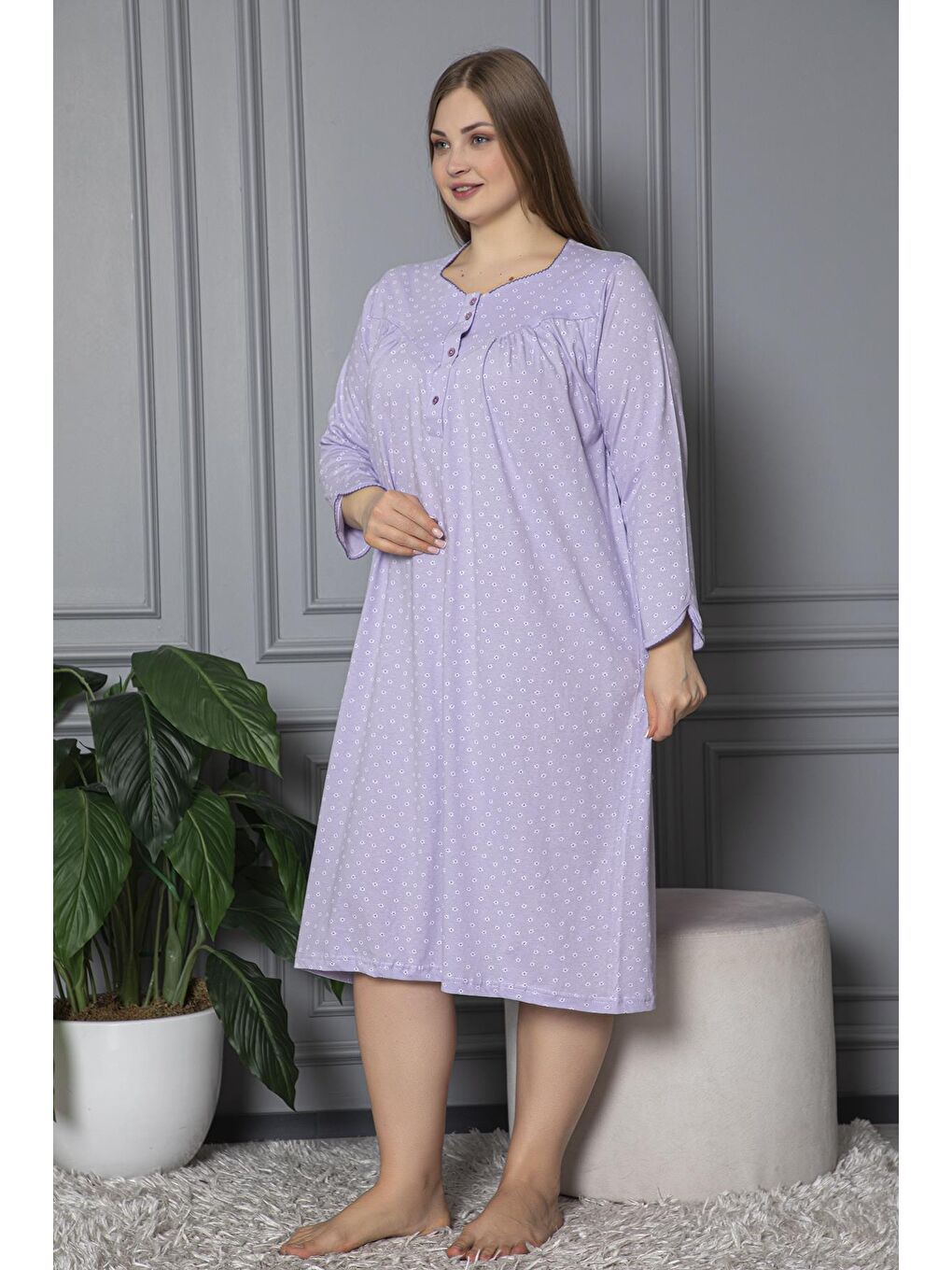 Lila %100 Pamuklu Mevsimlik Uzun Kollu Penye Büyük Beden Anne Geceliği 833-3