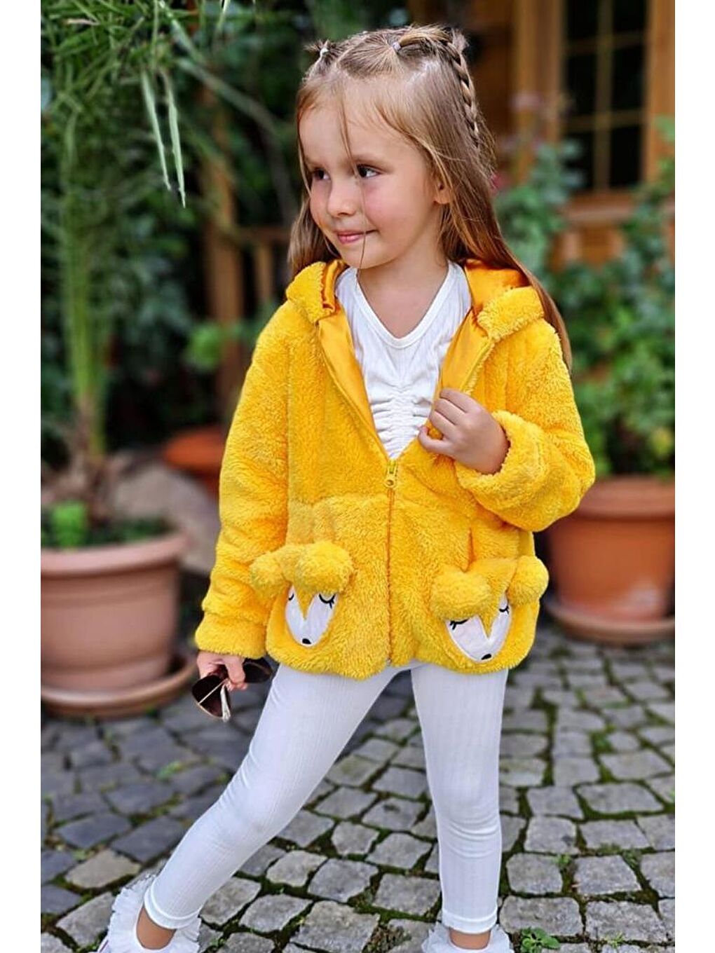 Kız Çocuk Kuzu Kulaklı Önden Çift Cep Detaylı Kapüşonlu Sarı Pelüş Ceket-3
